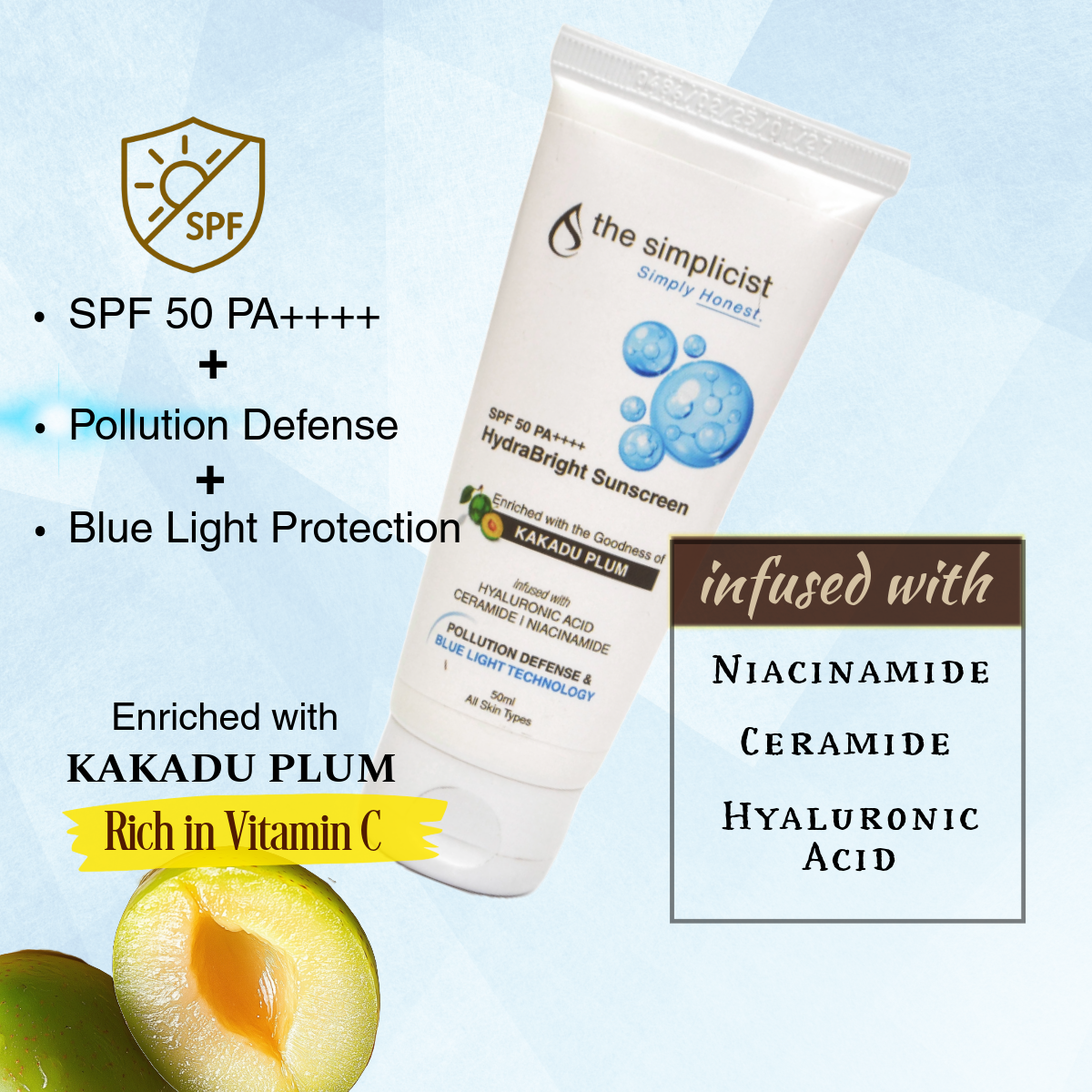 HydraBright Sunscreen SPF 50 | Protect. Repair. Glow | 50 ml