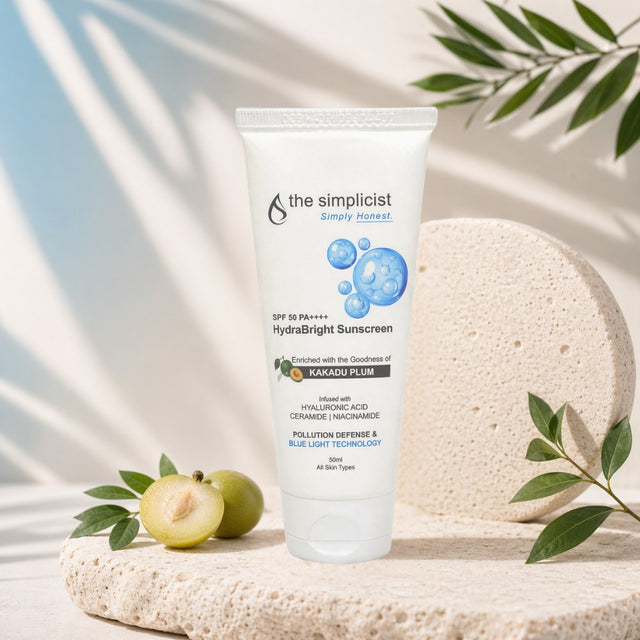 HydraBright Sunscreen SPF 50 PA++++ lightweight non-greasy sunscreen with broad spectrum UV protection in minimal white tube by The Simplicist
